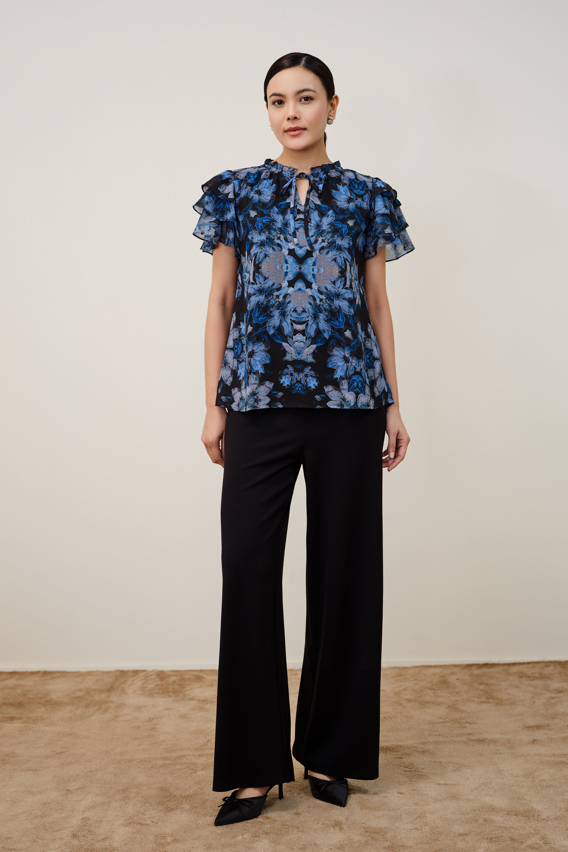 Arein High Neck Ruffle Sleeves Top, Blue, image 3