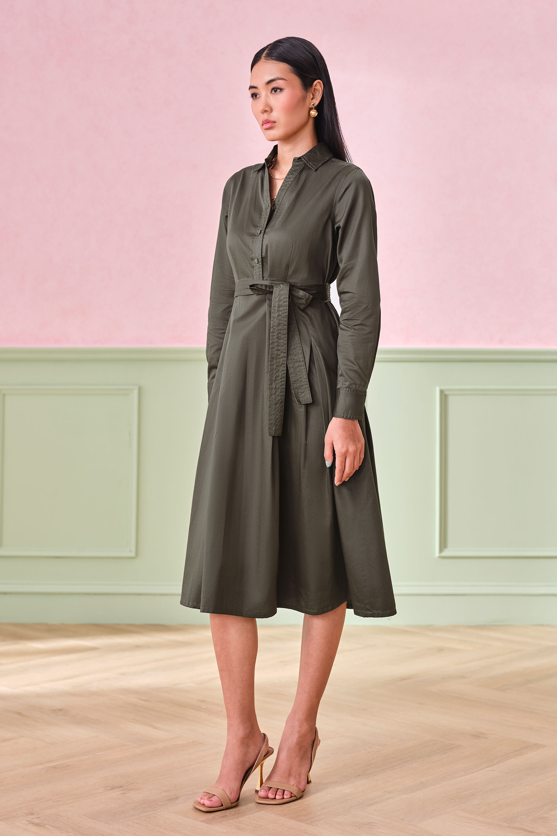 Infinity Pleated Dark Olive Cotton Dress, Olive, image 4