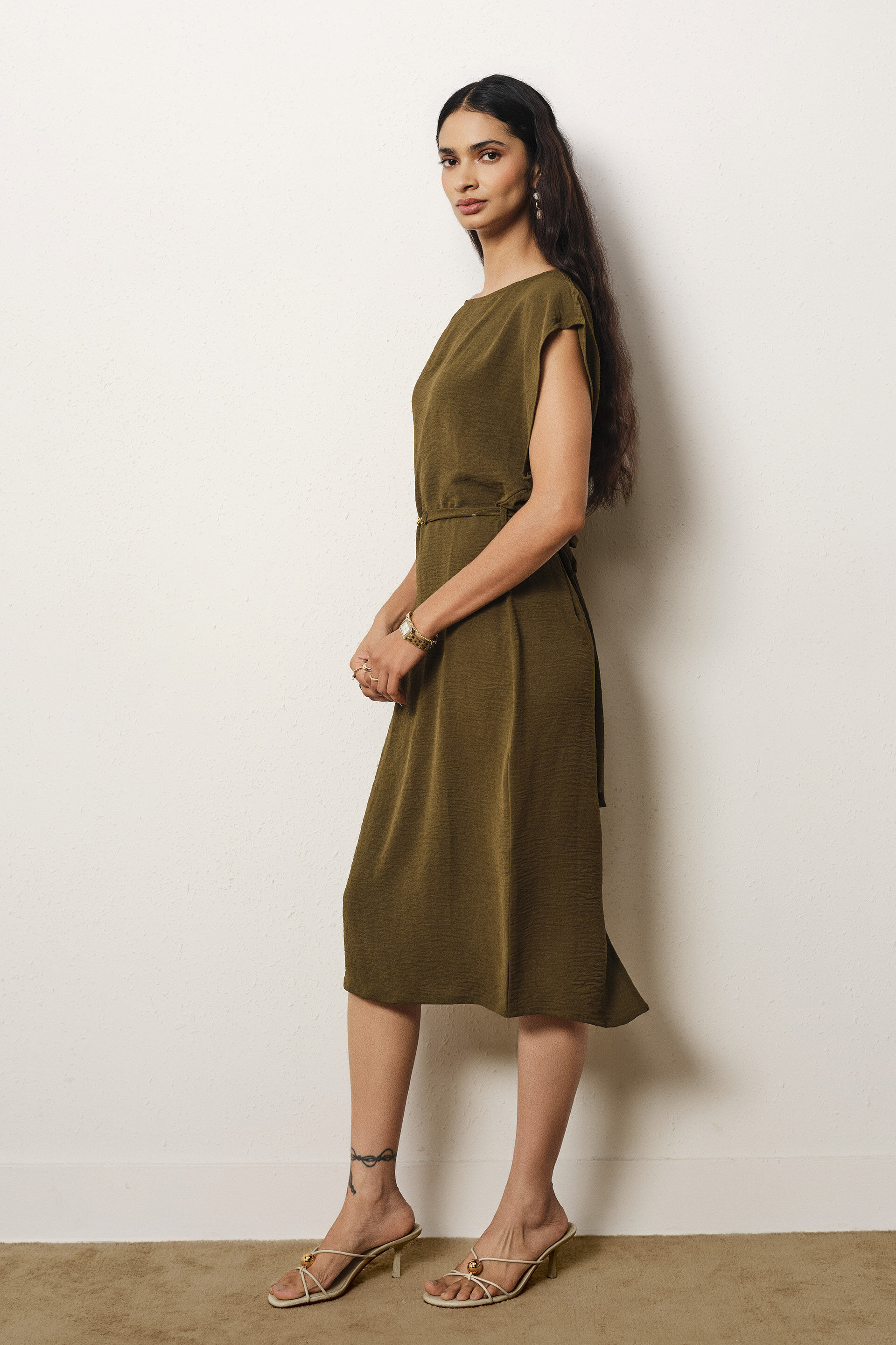 Solid Midi Dress in Olive, Olive, image 3
