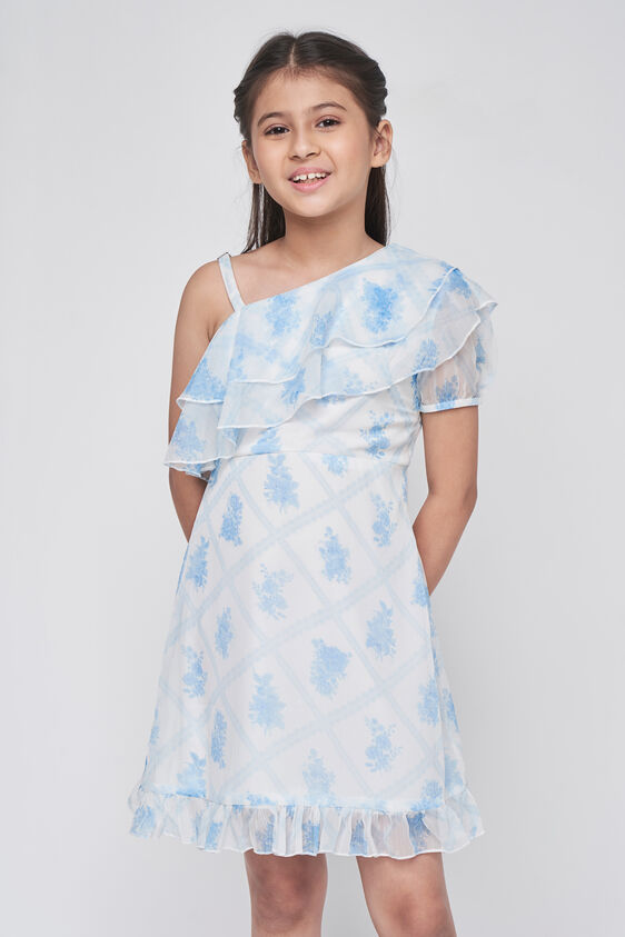 White and Blue Graphic Flounce Dress, White, image 4