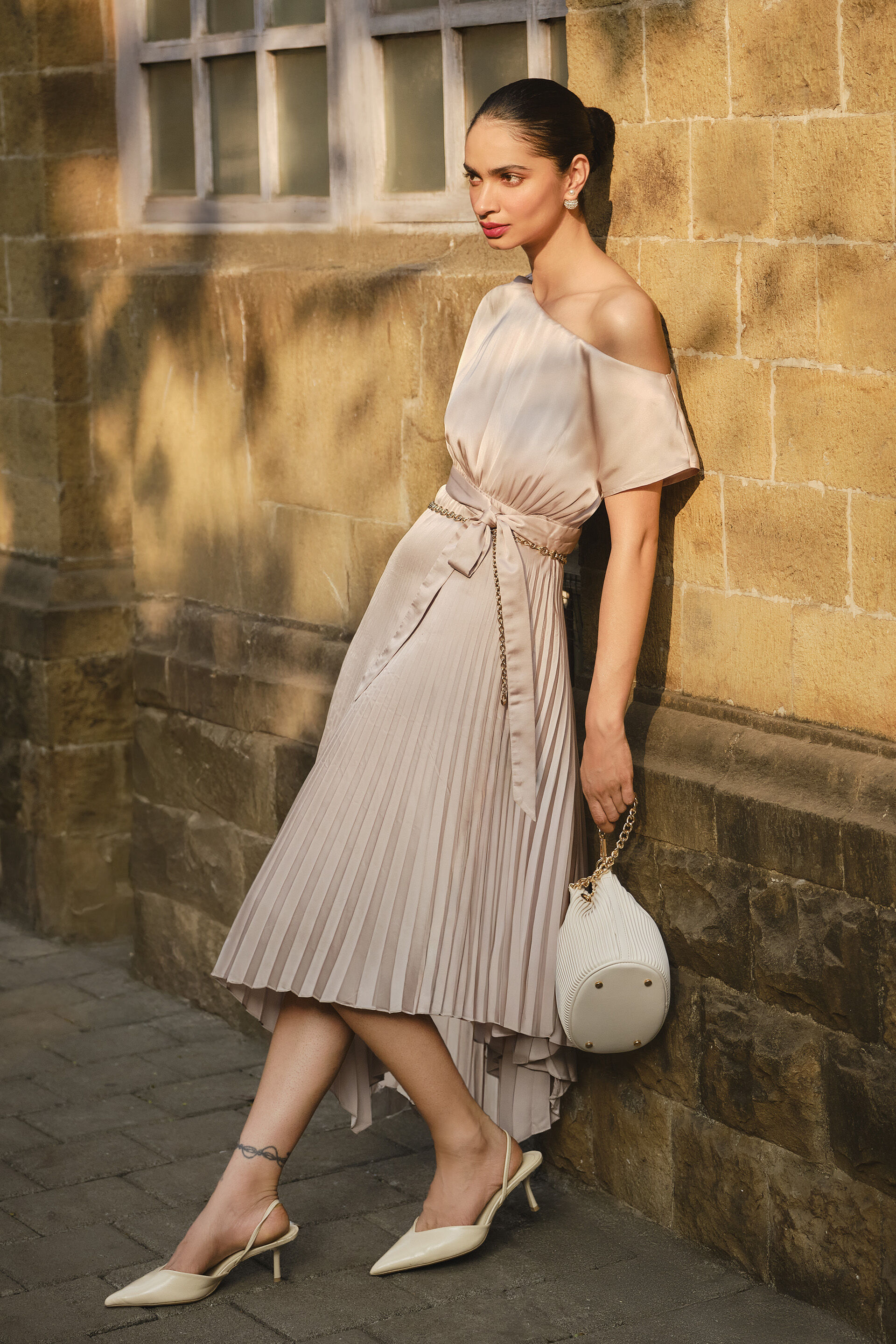 Champagne Reverie Pleated Dress, Champagne, image 3