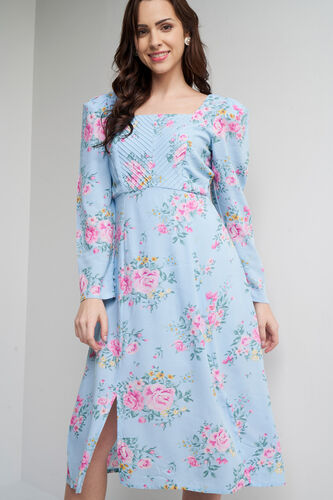 Powder Blue Floral Flared Dress, Powder Blue, image 1