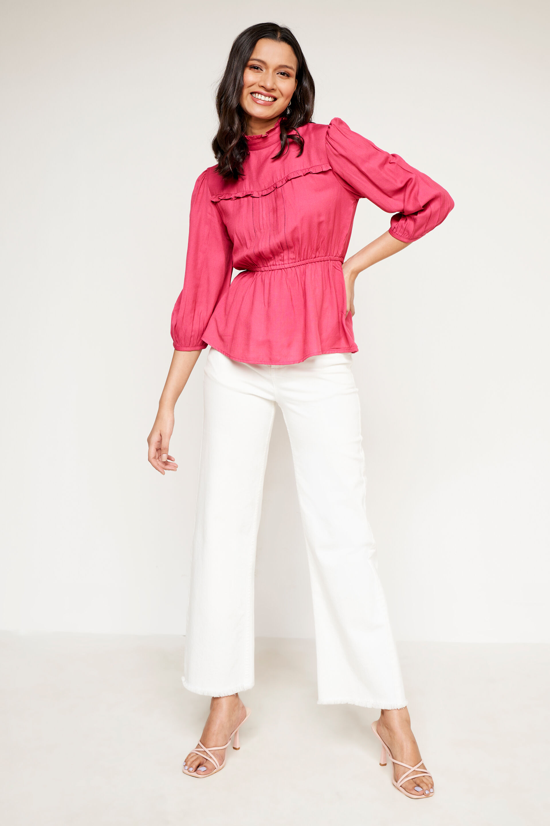 Cranberry Solid Flounce Top, Cranberry, image 2