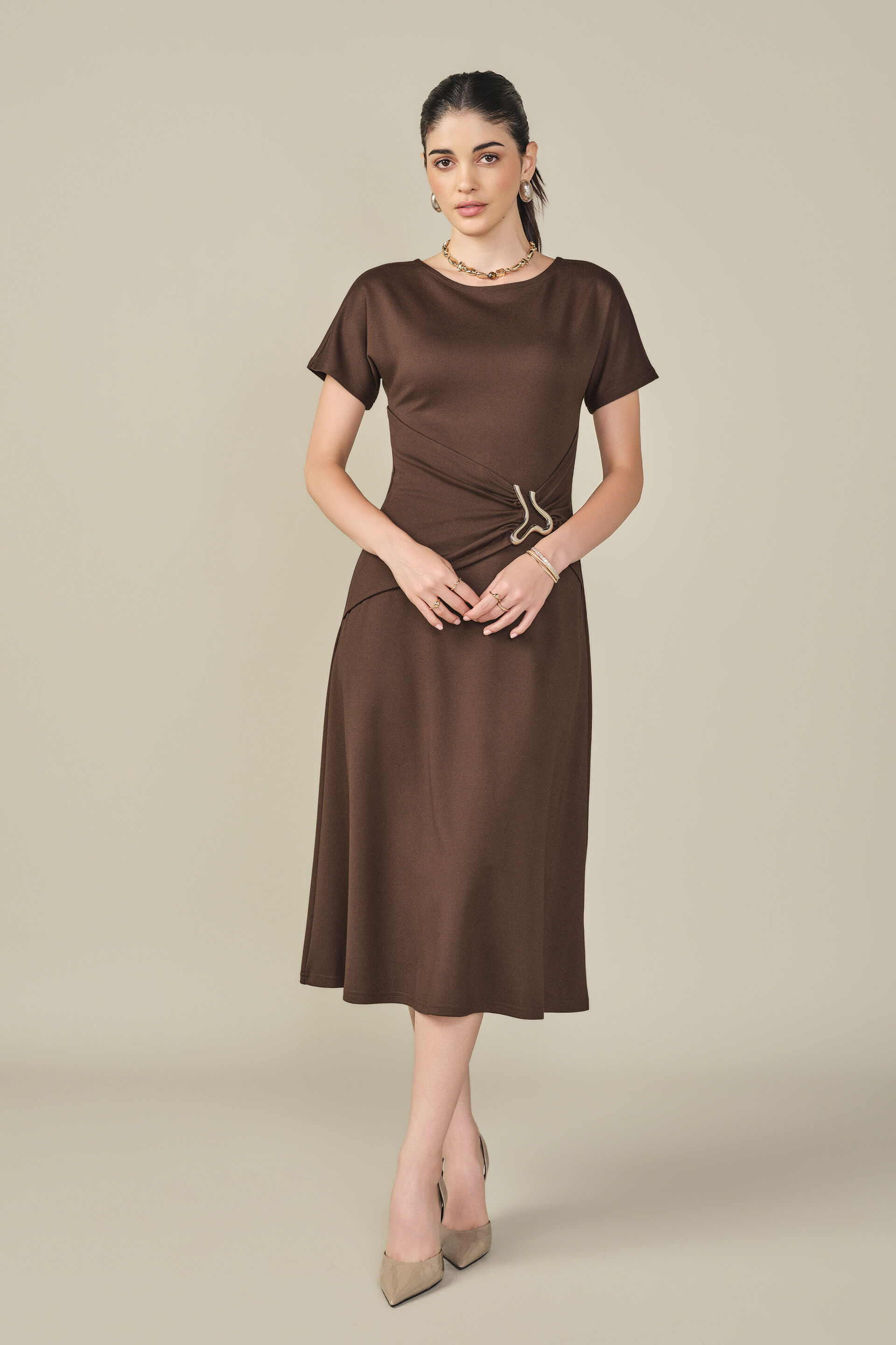 Velra Brown Draped Dress, Brown, image 3