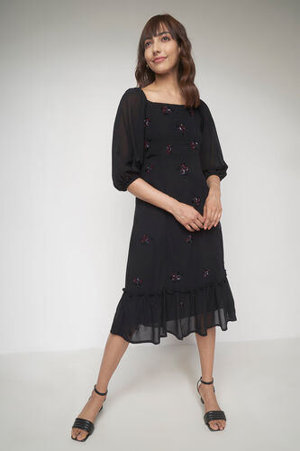 Black Floral Flared Dress, Black, image 4