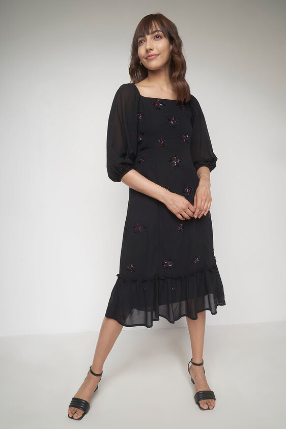 Black Floral Flared Dress, Black, image 4
