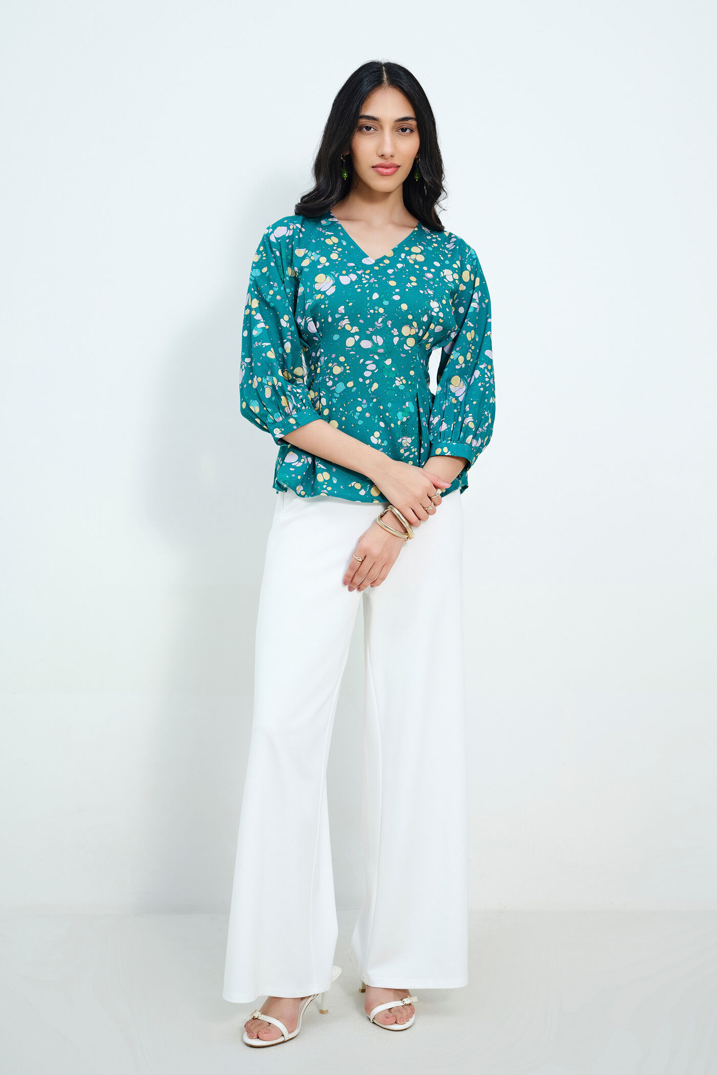 Abstract Polka-Print Green Top