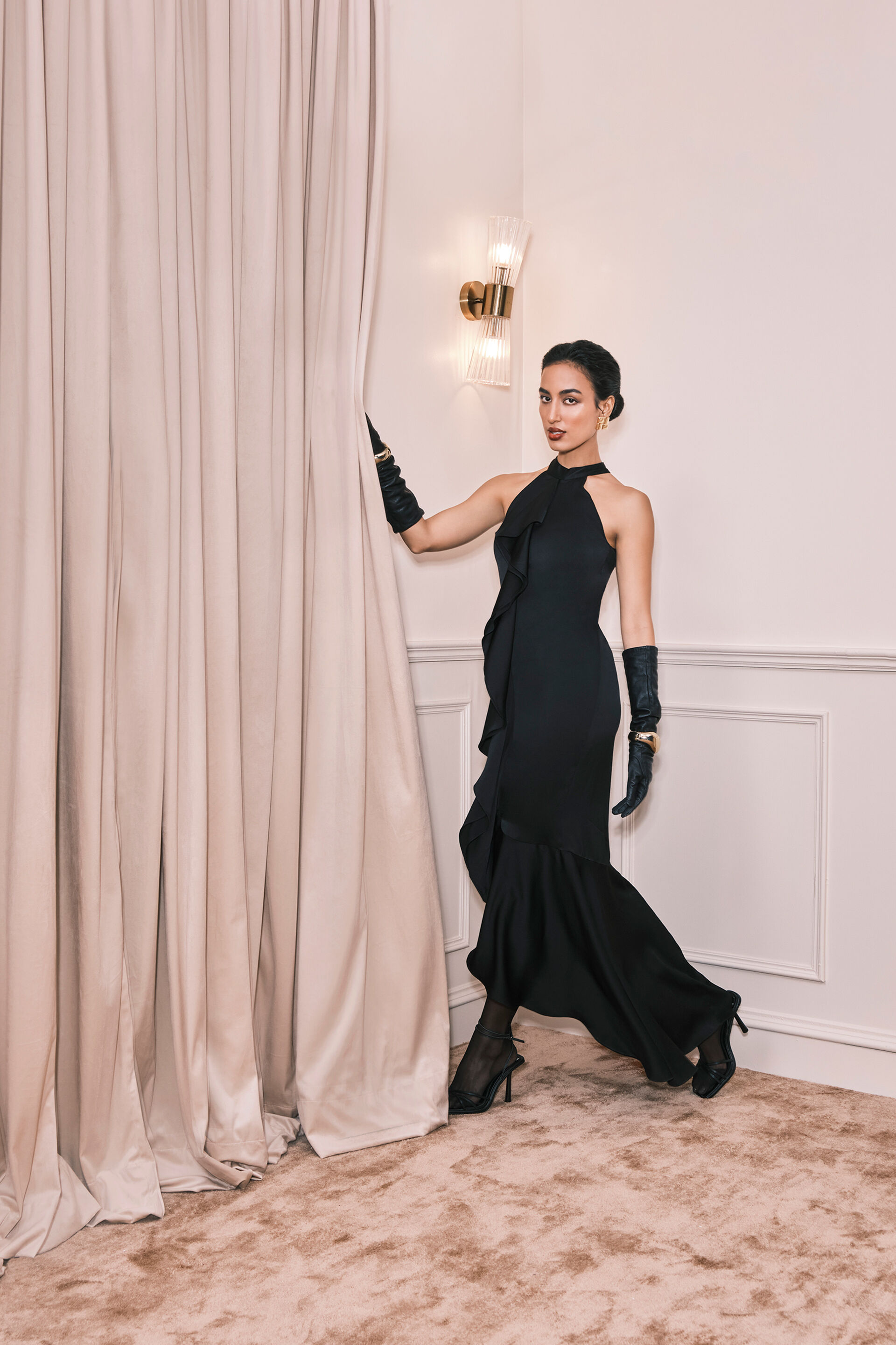 Ruffle Royale Satin Dress, Black, image 8