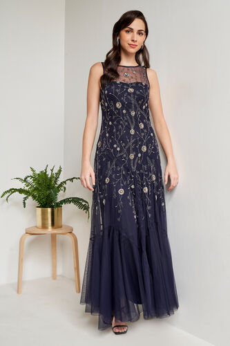 Navy Blue Floral Straight Gown, Navy Blue, image 2