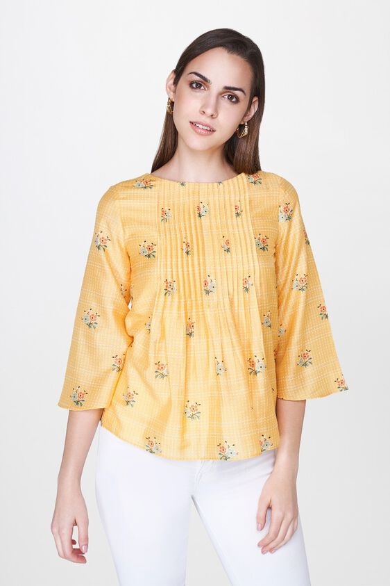 1 - Yellow Floral Pleated Round Neck Peplum Top, image 1