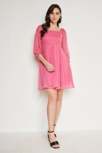 Pink Solid Flared Dress, Pink, image 2