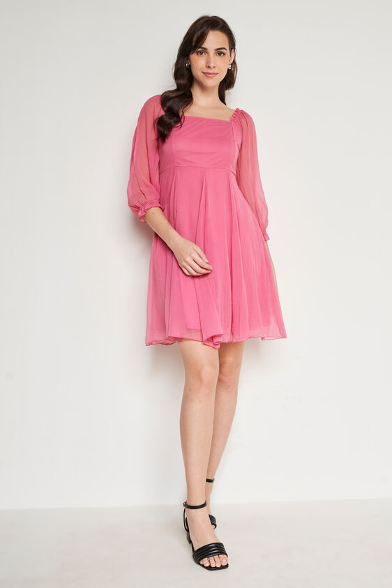 Pink Solid Flared Dress, Pink, image 2