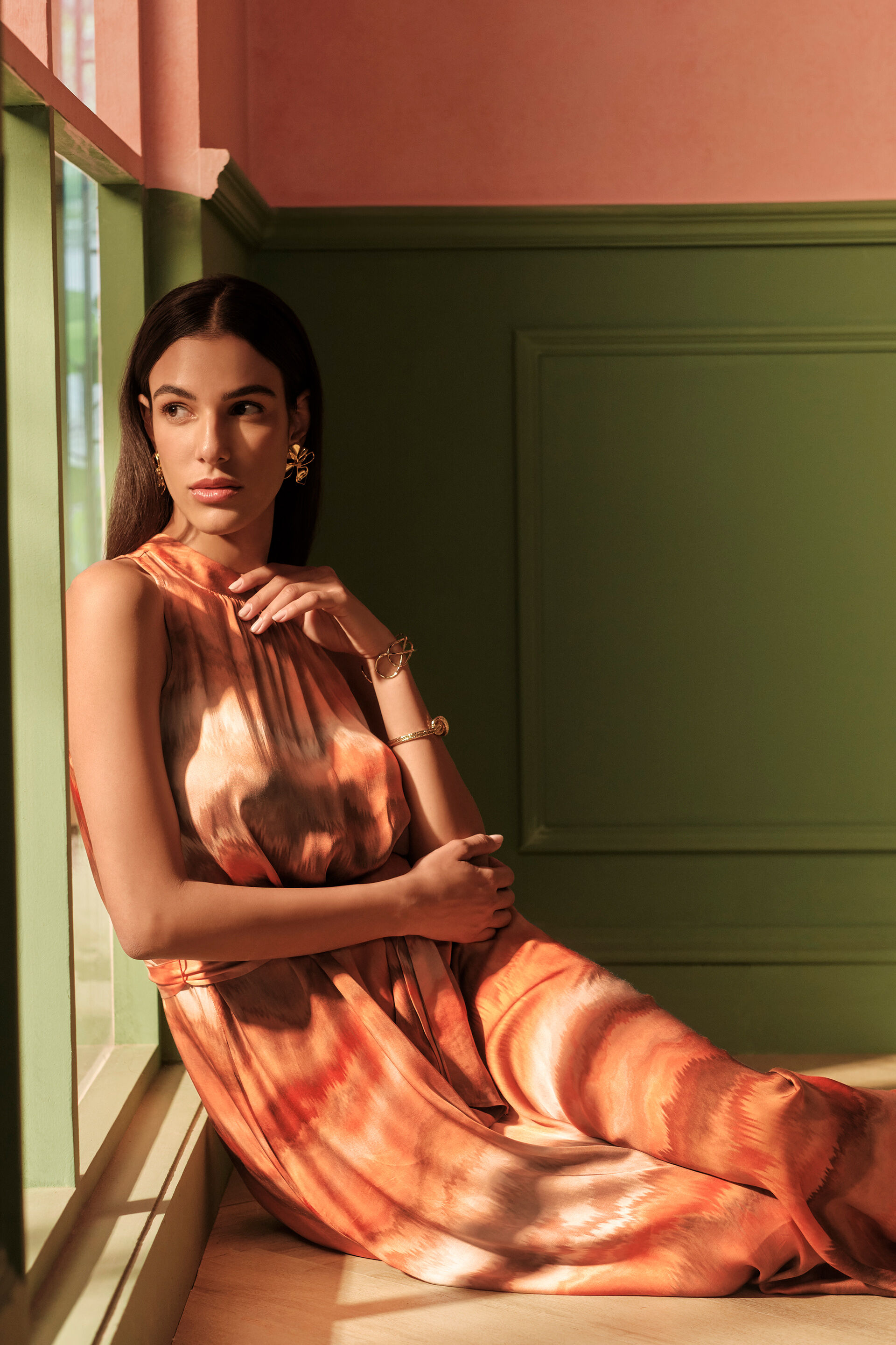 Sunset Serenade Viscose Maxi Dress, Orange, image 2