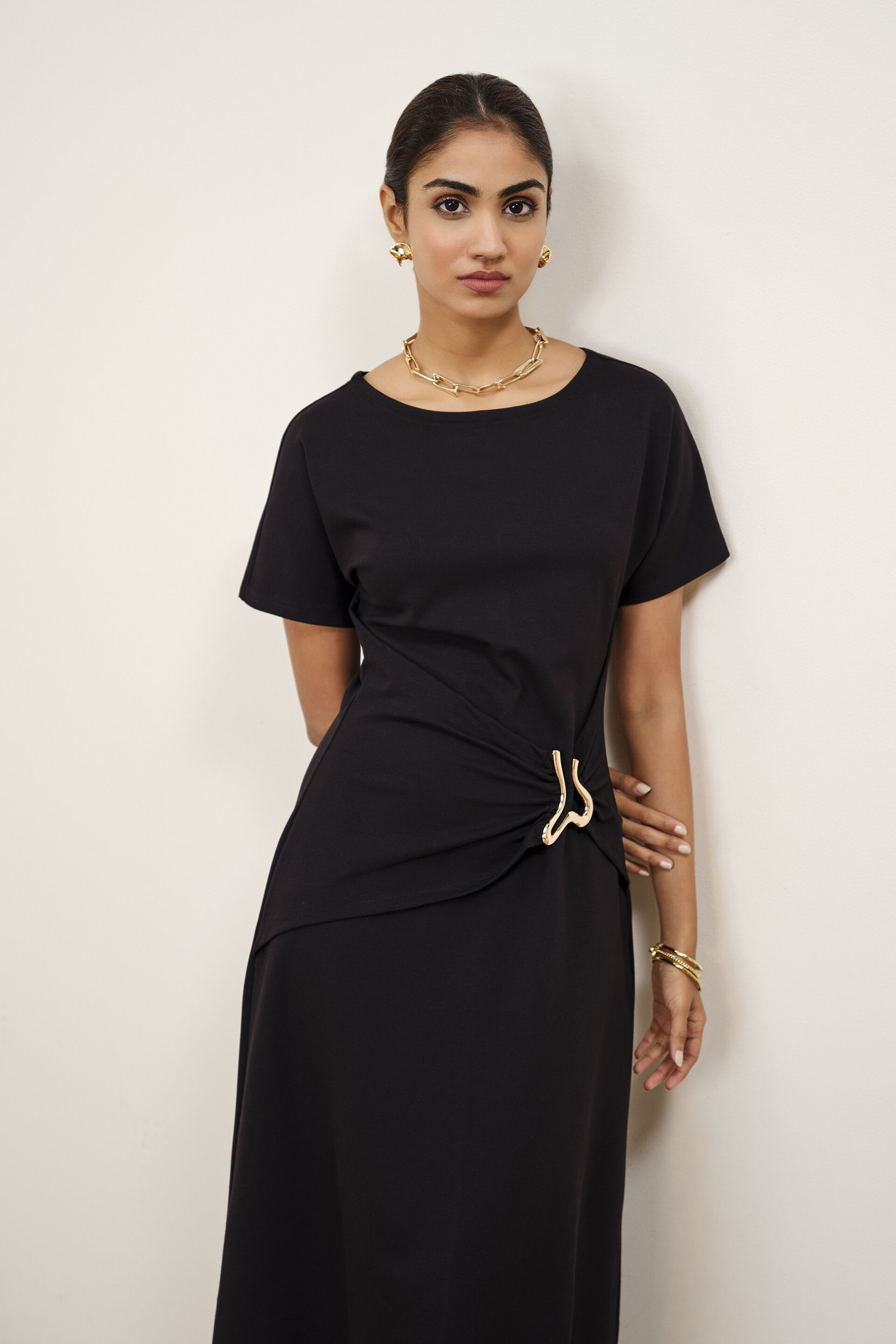 Velra Black Draped Dress, Black, image 3