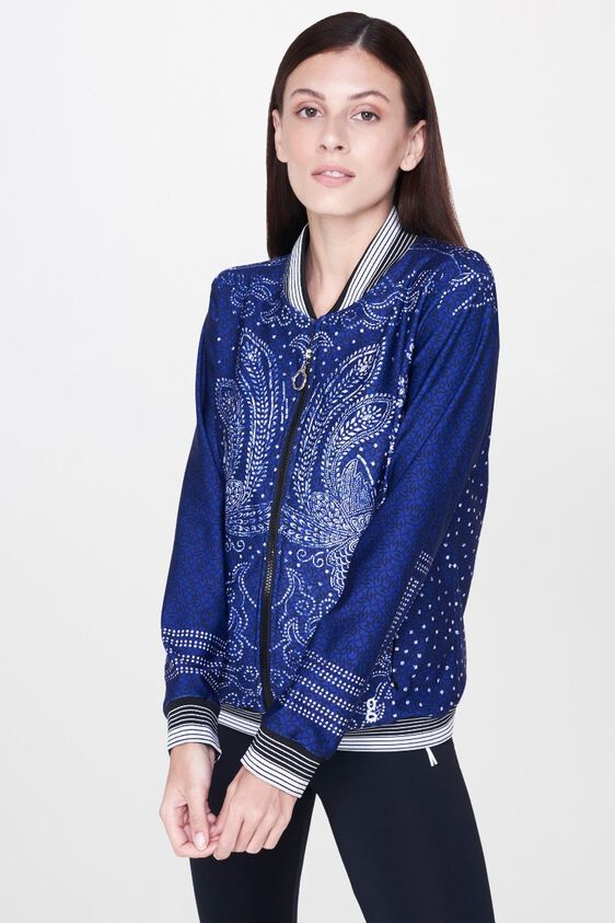 1 - Indigo Abstract Choker Neck A-Line Jacket, image 1