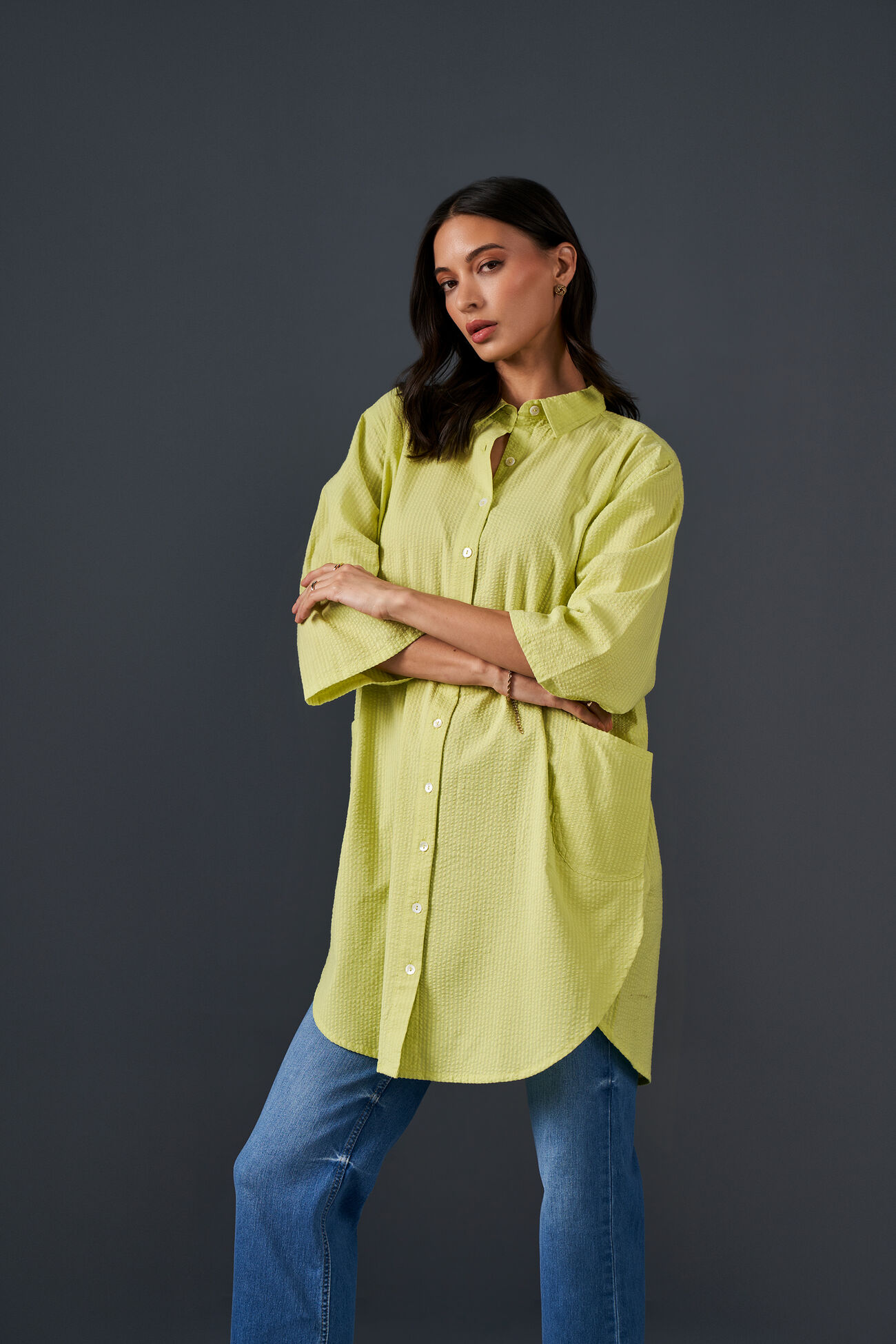 Lime Love Longline Cotton Shirt, Lime Green, image 1