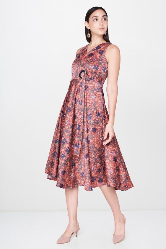 4 - Rust Floral V-Neck Fit and Flare Knee Length Dress, image 4
