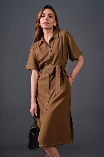 High On Contrast Rayon Dress, Brown, image 2