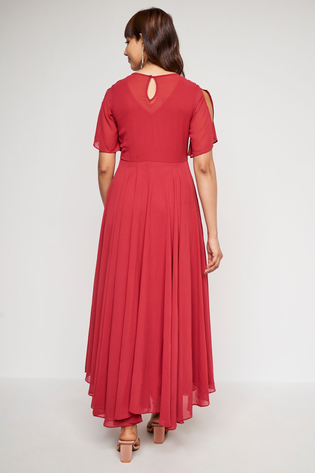 Red Solid Flared Gown, Red, image 5