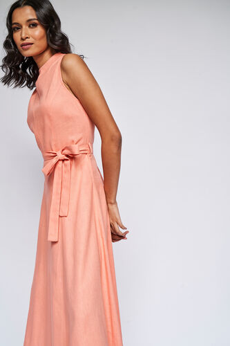Peach Solid Flared Dress, , image 3