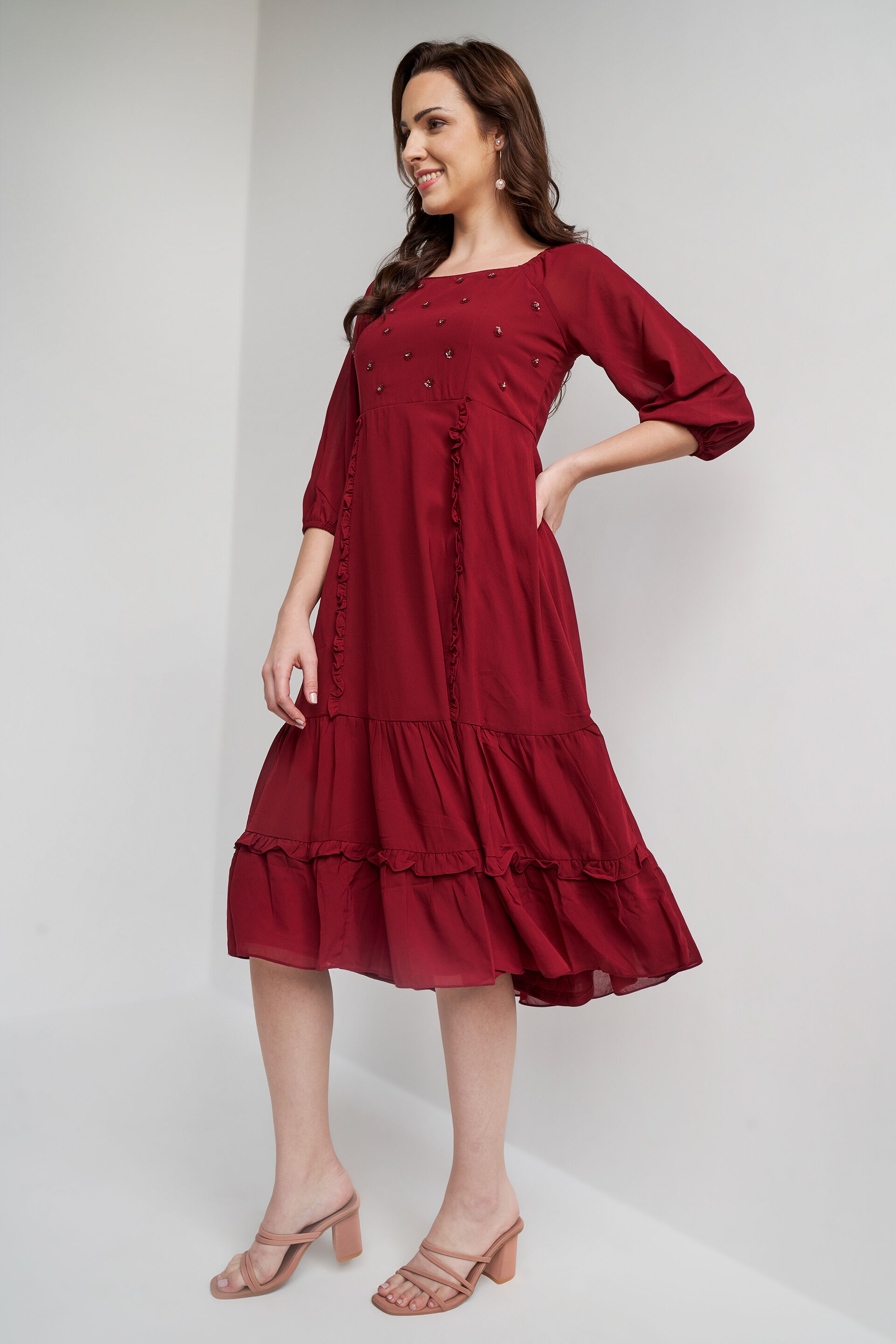 Maroon Solid Flared Dress, Maroon, image 1