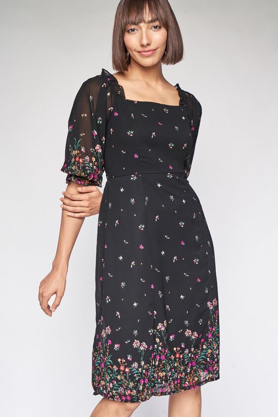 1 - Black Floral Fit and Flare Dress, image 1