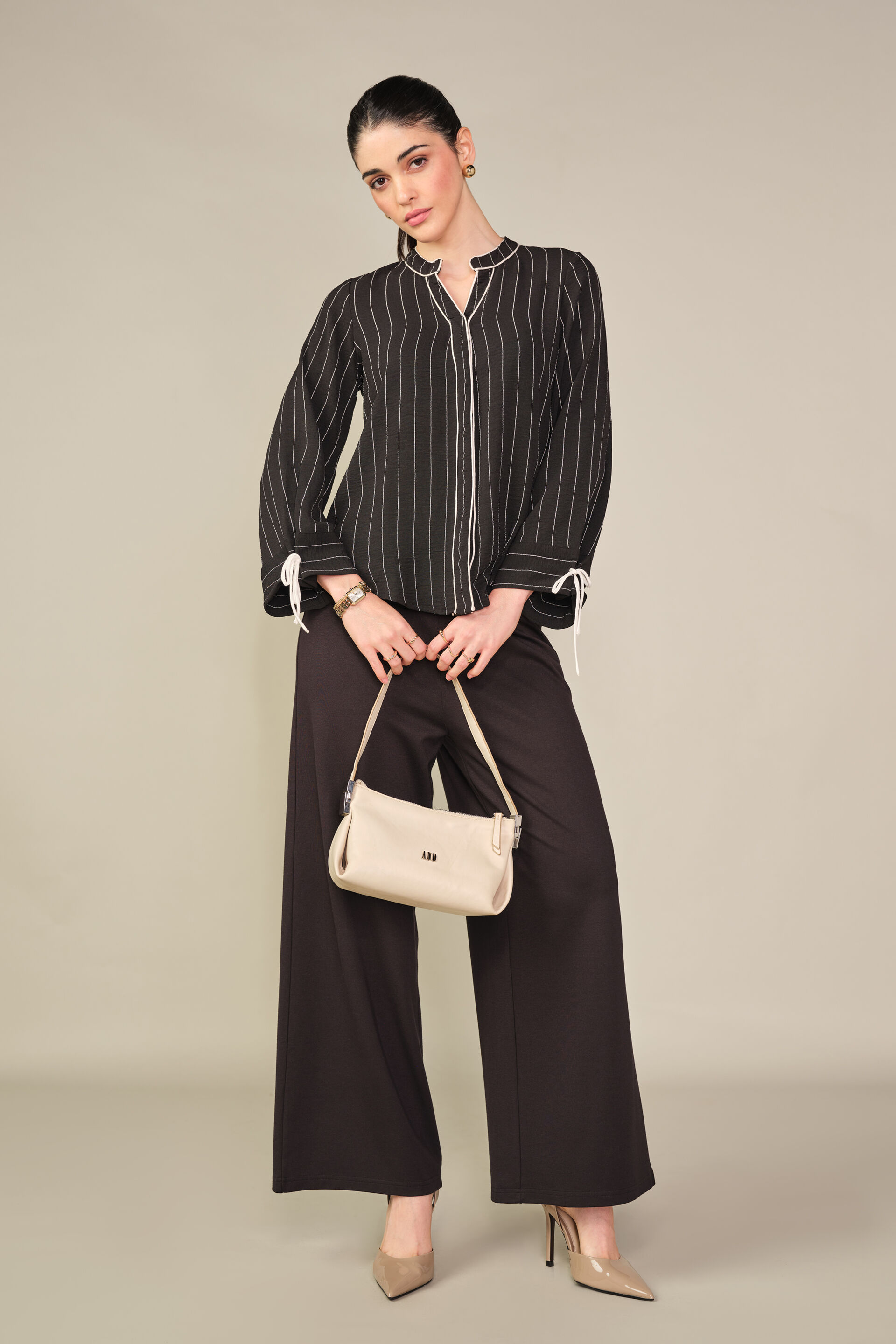 Striped Billowy Sleeves Top in Black, Black, image 4
