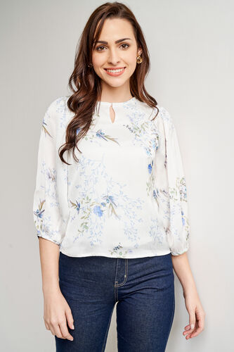 White Floral Pleated Top, White, image 2