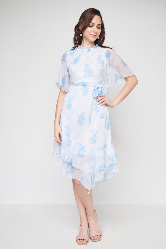 White and Blue Floral Asymmetric Dress, White, image 3