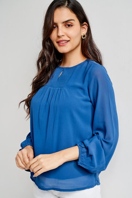 Blue Solid Round Neck Top, Blue, image 4