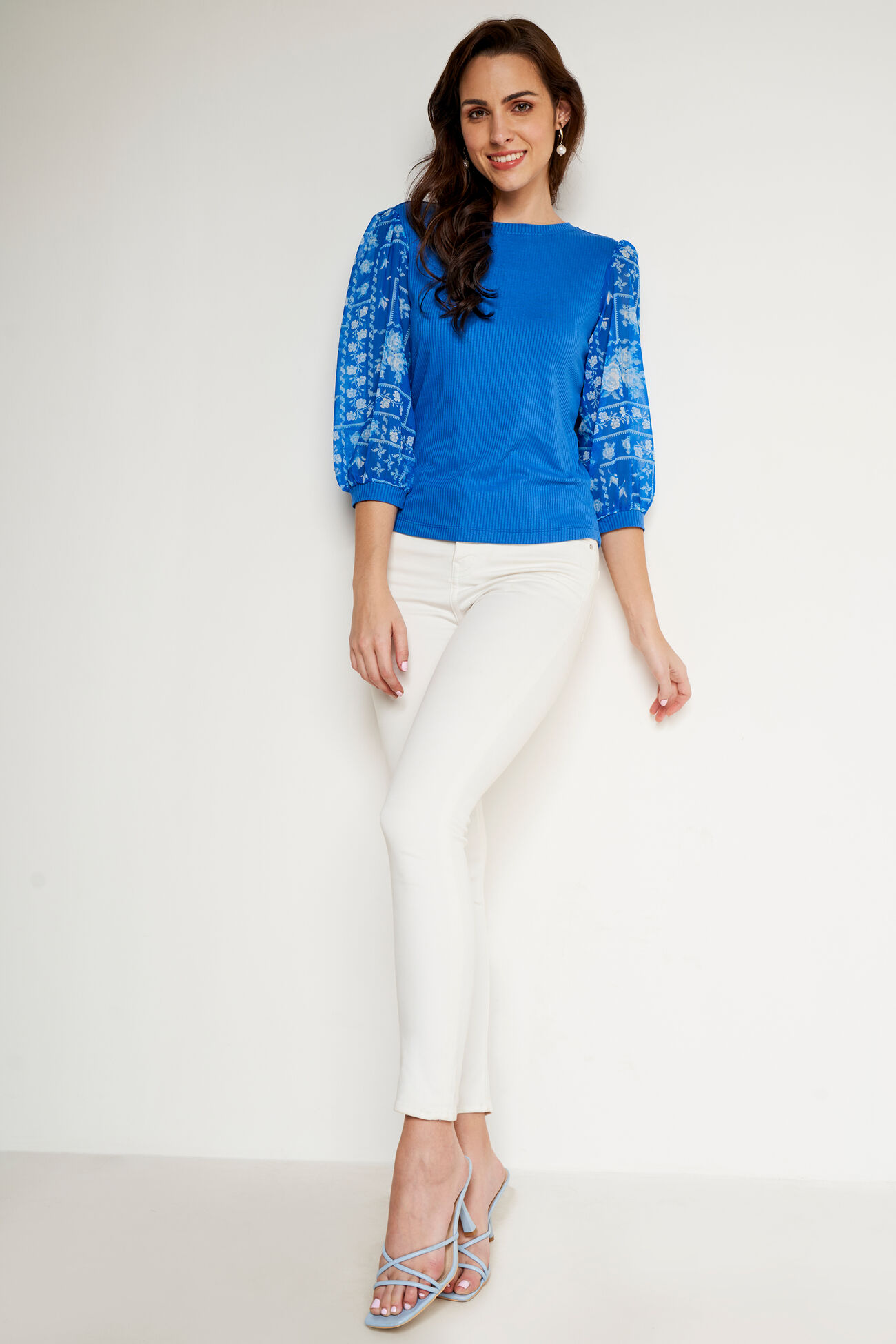 Blue Floral Knitted Top, Blue, image 3
