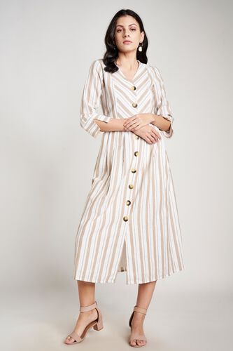 1 - Cream Stripes V-Neck Fit and Flare Cuff Midi Dress, image 1