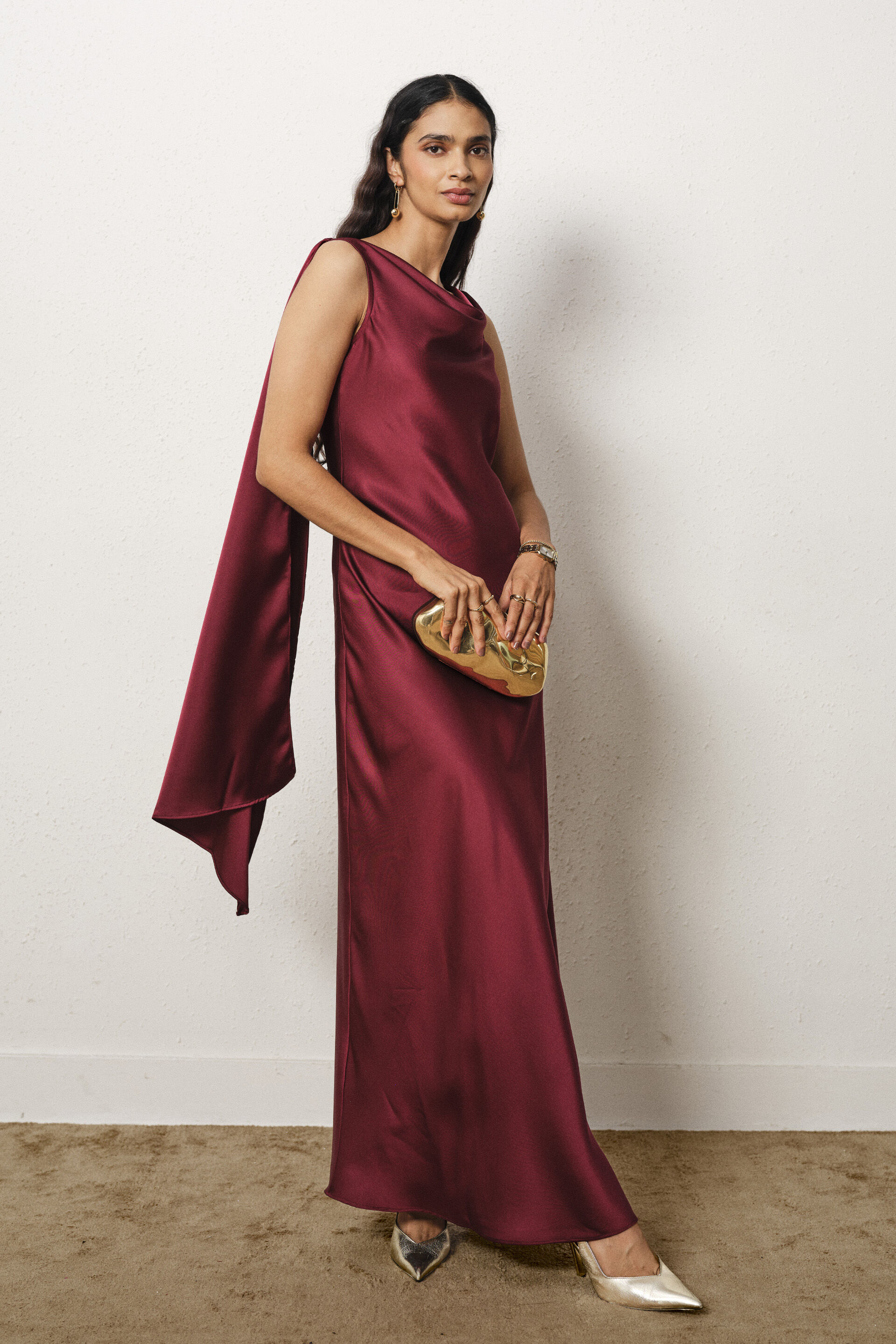 Cowl Maxi Satin Gown in wine, Wine, image 3