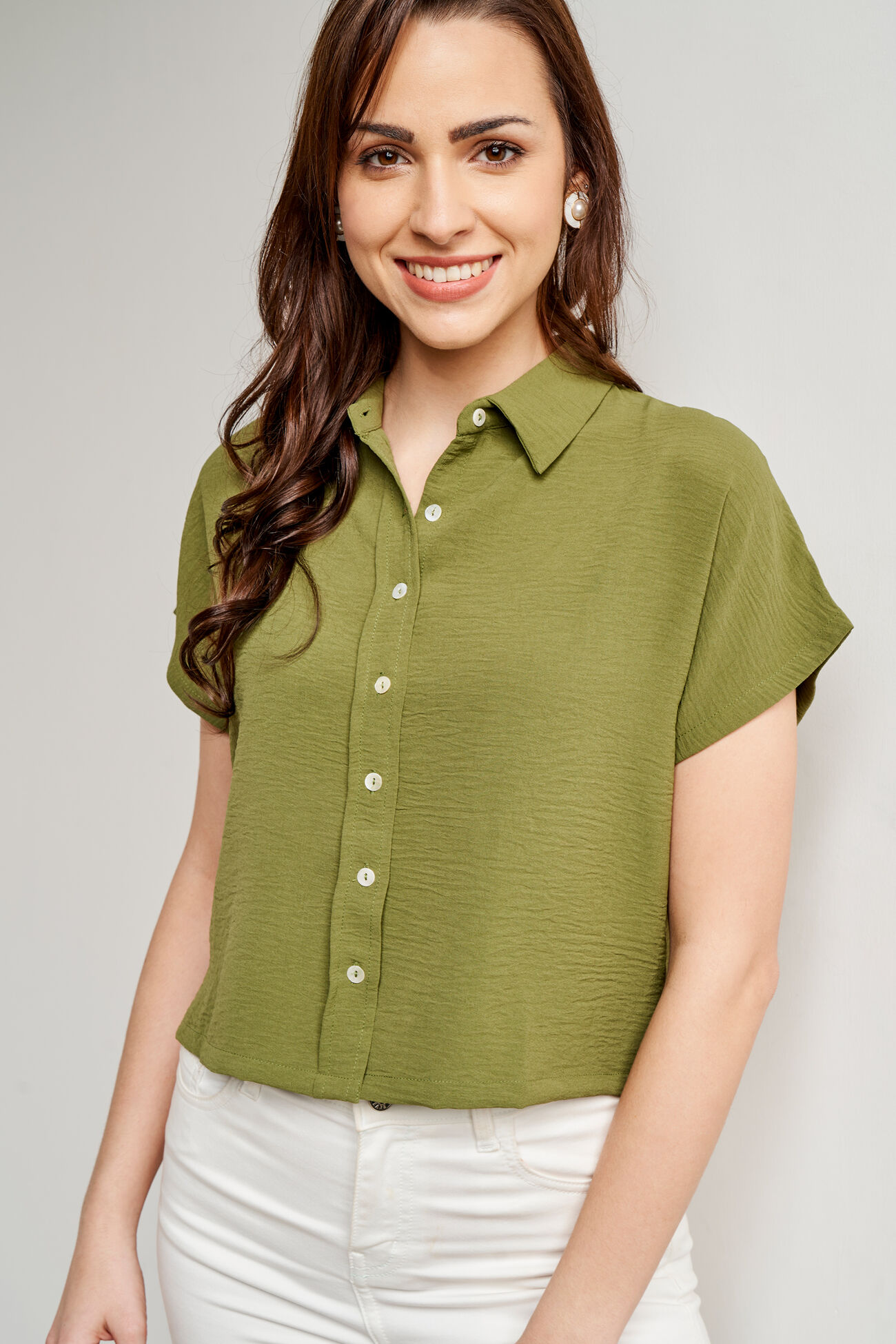 Olive Loose Fit Shirt Style Top, Olive, image 3