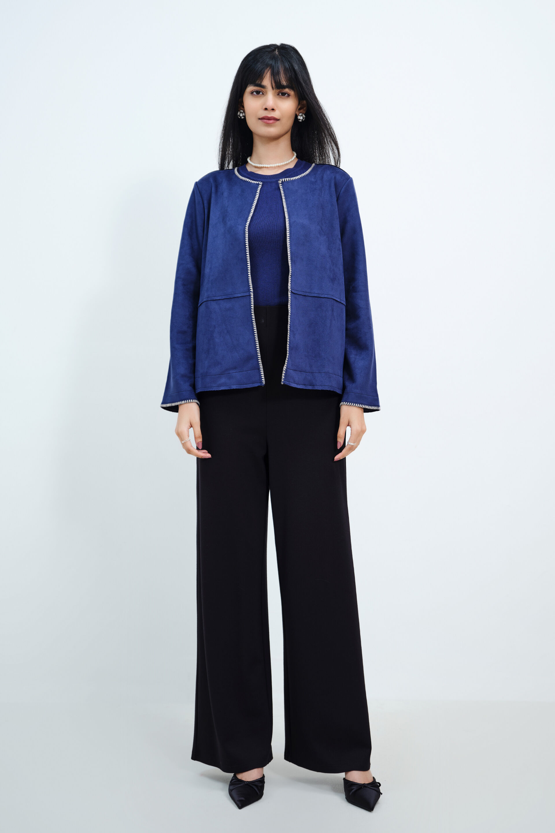 Navy Suede Open Jacket, Blue, image 1