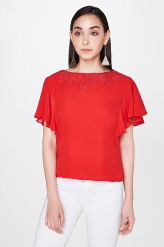 2 - Red Boat Neck Straight Flutter Sleeves Top, image 1