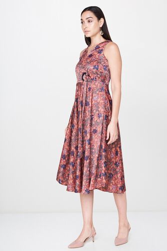 3 - Rust Floral V-Neck Fit and Flare Knee Length Dress, image 3