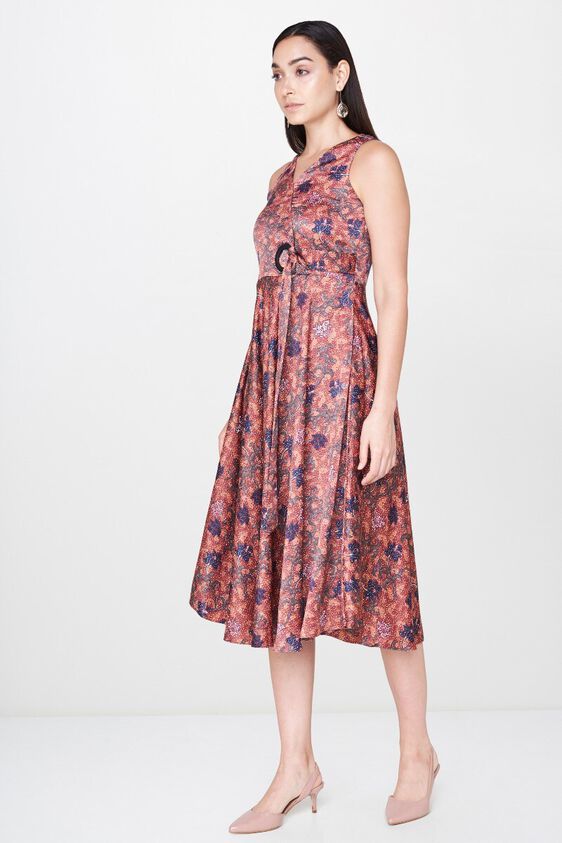 3 - Rust Floral V-Neck Fit and Flare Knee Length Dress, image 3