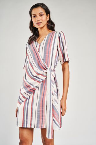 1 - White & Blue Self Design A-Line Dress, image 1