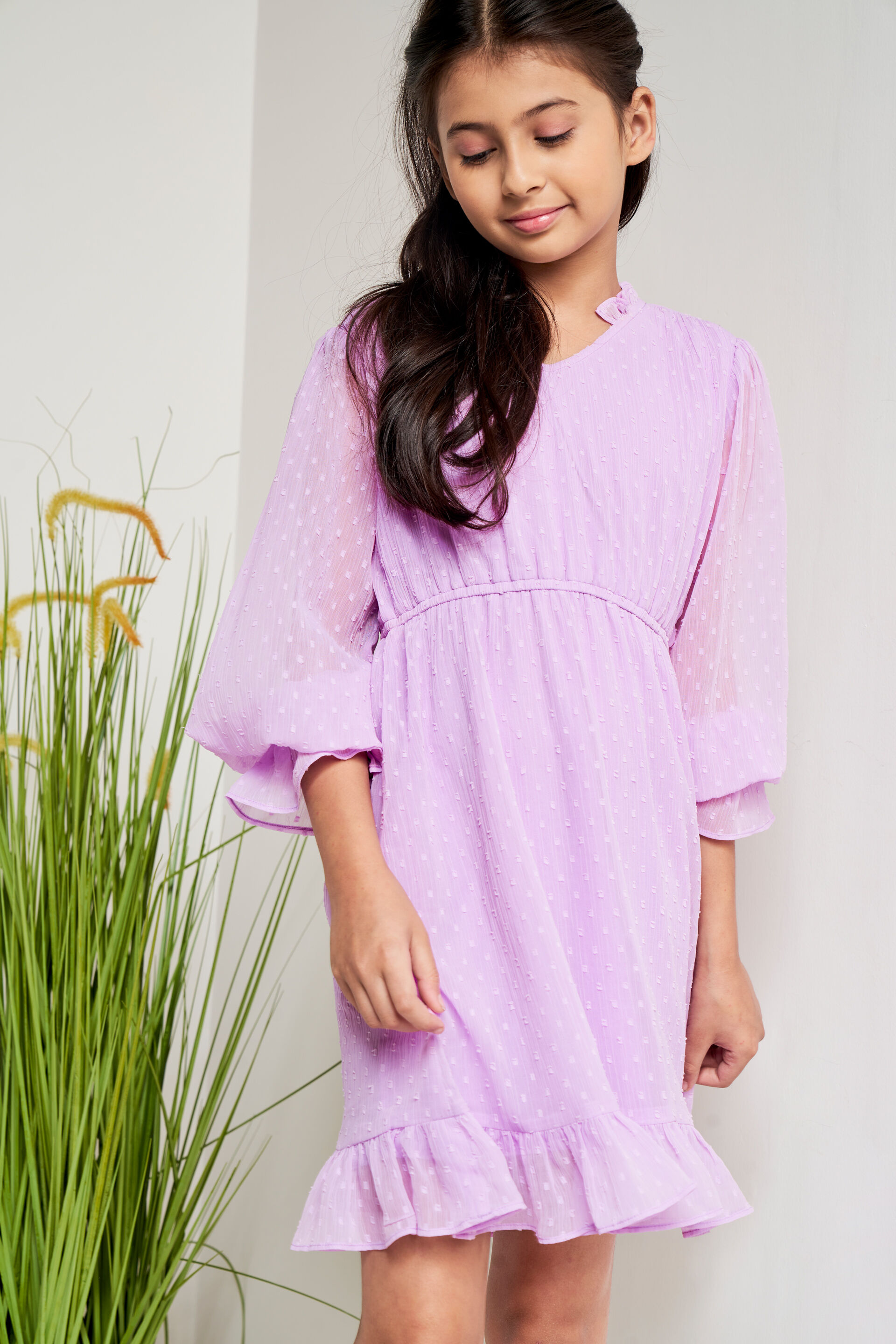 Buy Lilac Self Design Flounce Dress Online at Best Price at ANDIndia SS23KB033DRBD