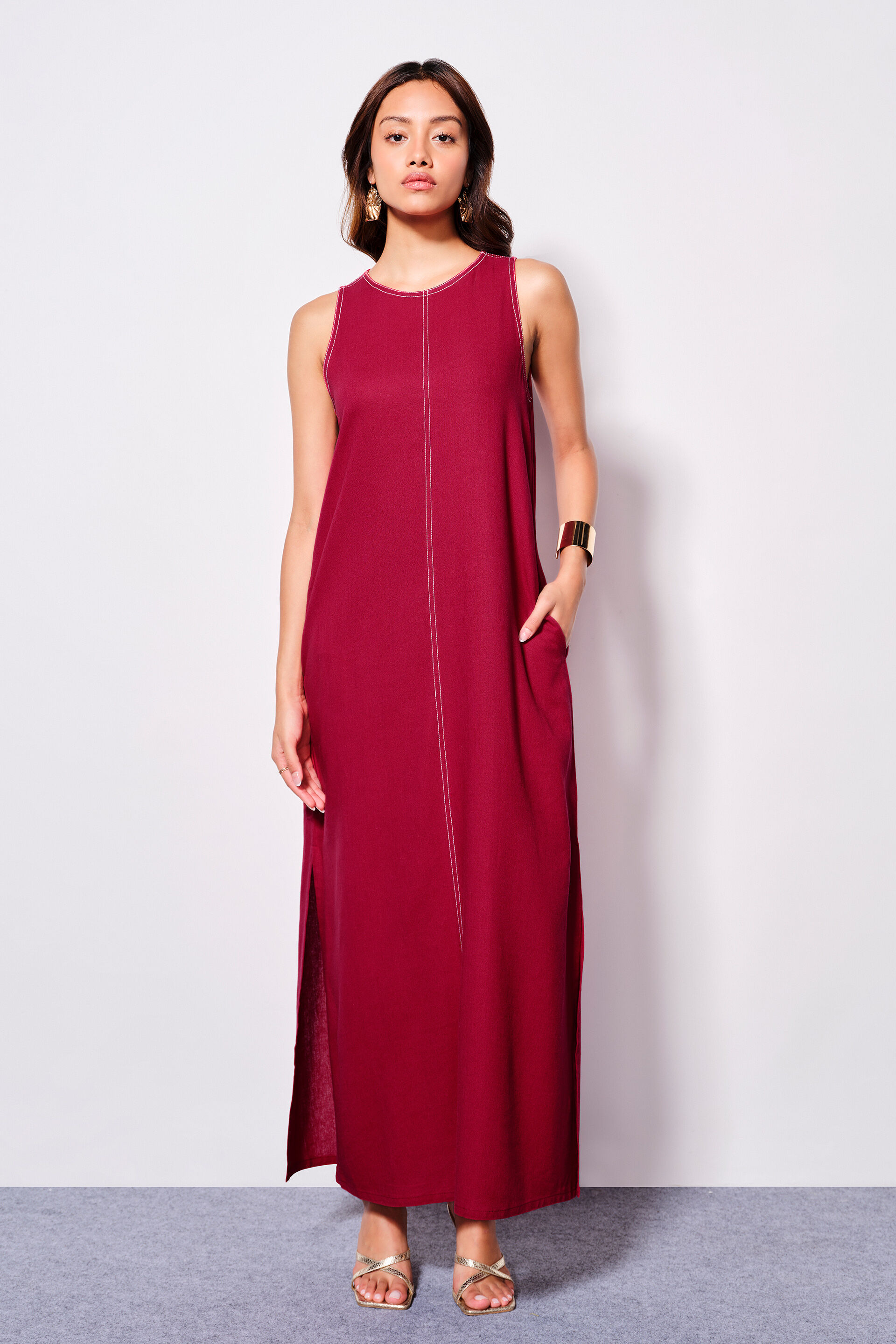 Maroon Melodies Viscose Blend Maxi Dress, Maroon, image 2