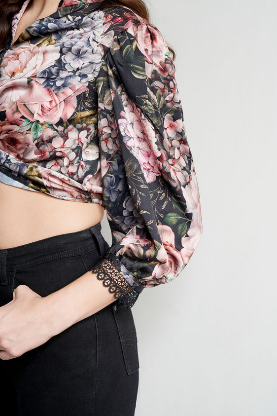 Black Floral Slim Top, Black, image 5