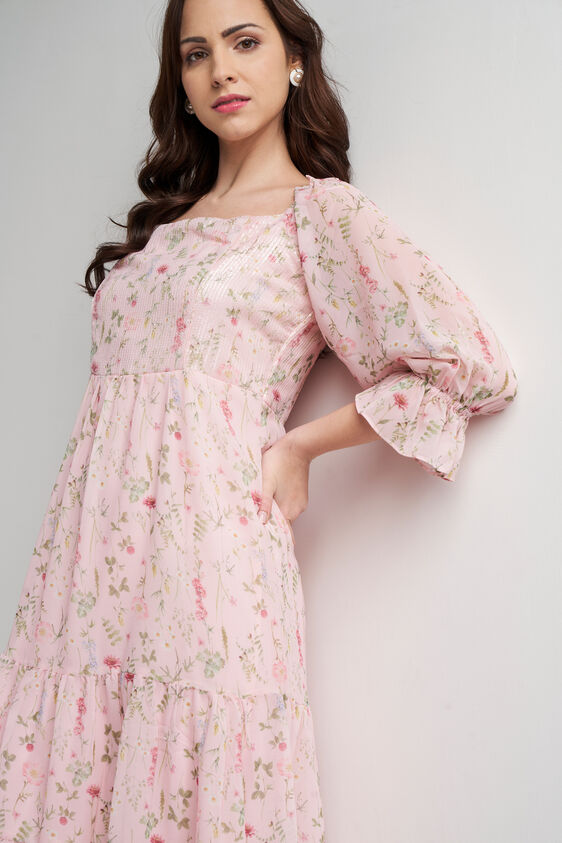 Peach Floral Flared Dress, Peach, image 1