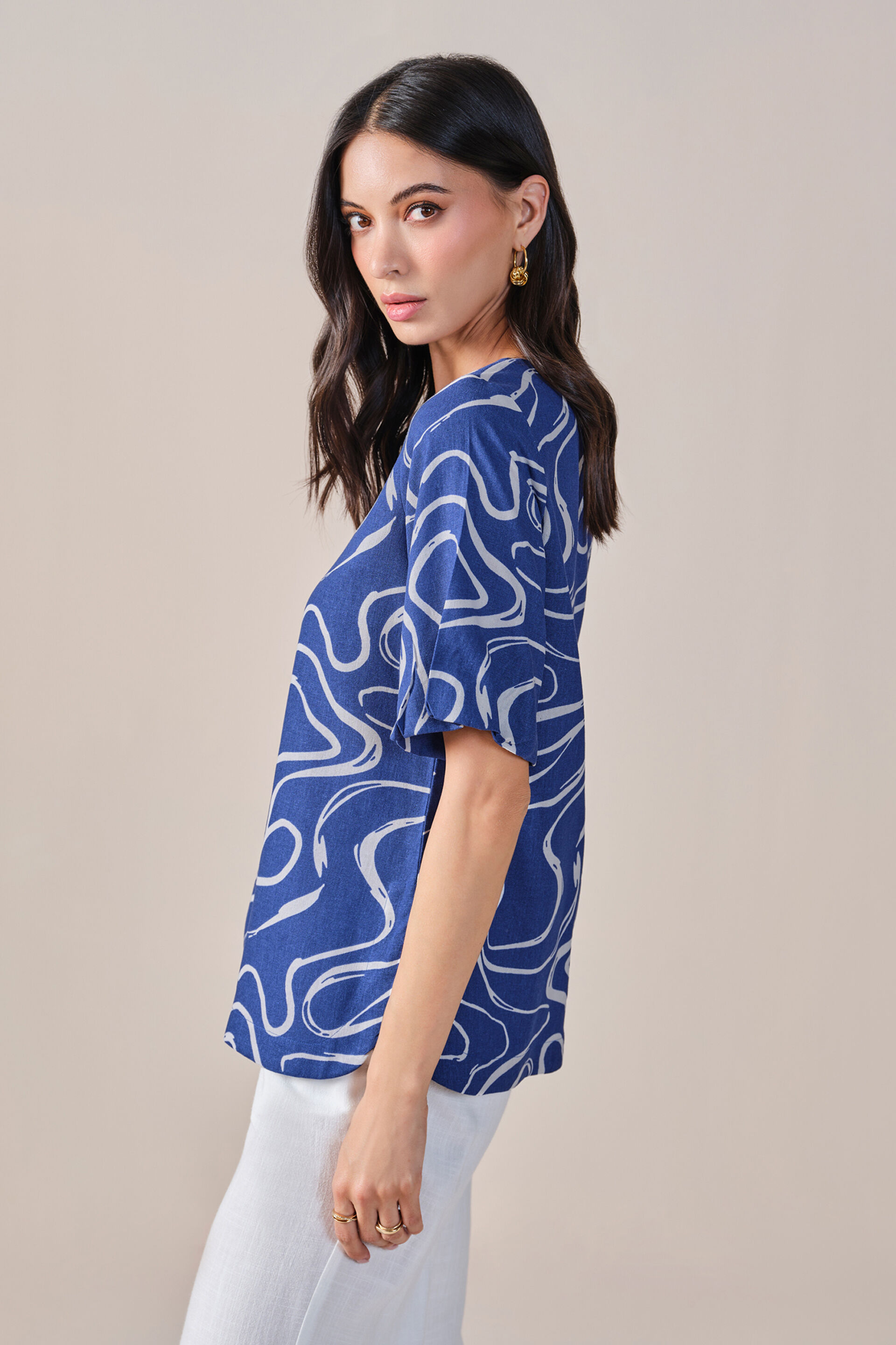 Cobalt Swirl Viscose Linen Blend Top, Blue, image 4