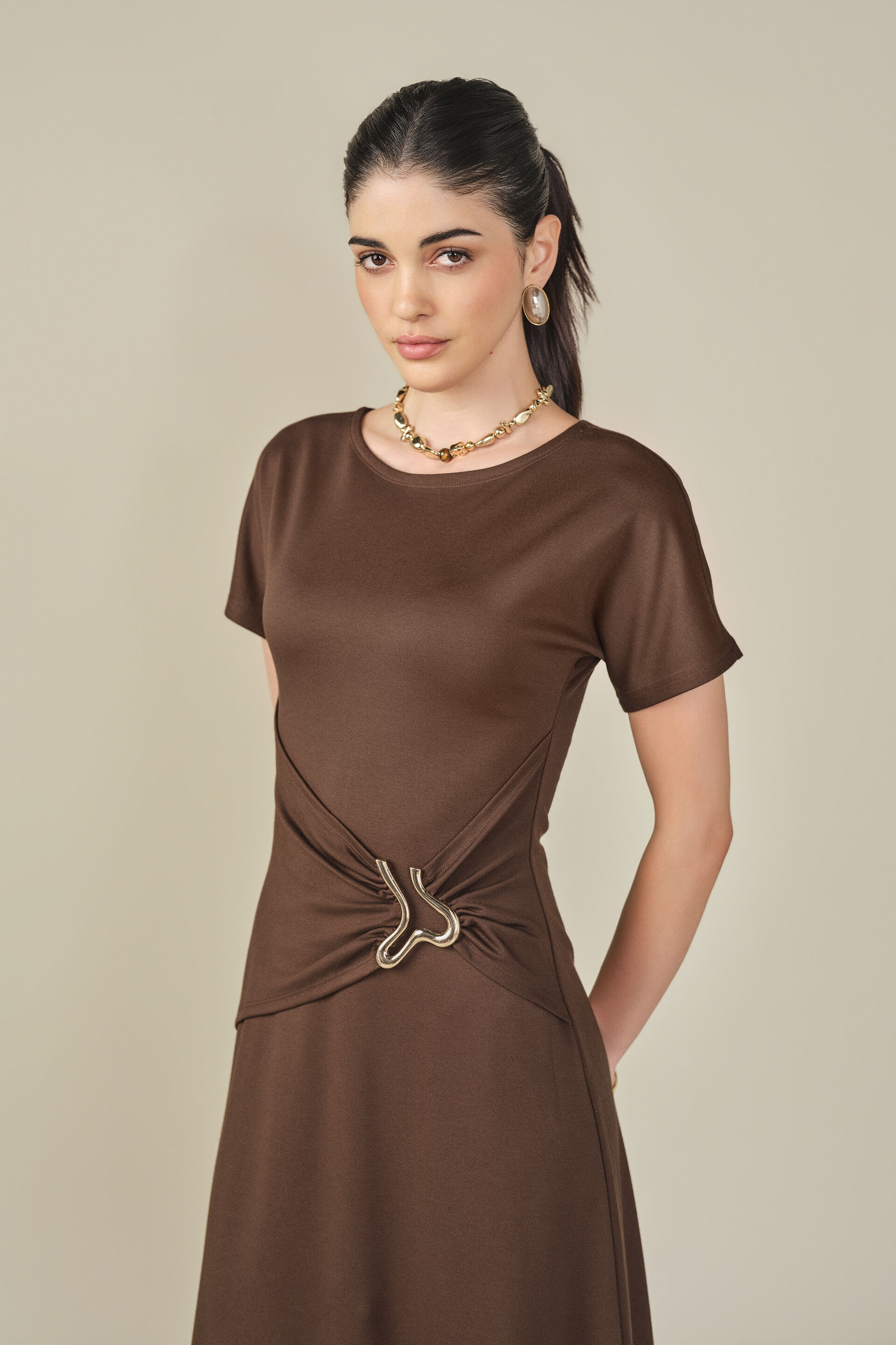 Velra Brown Draped Dress, Brown, image 4