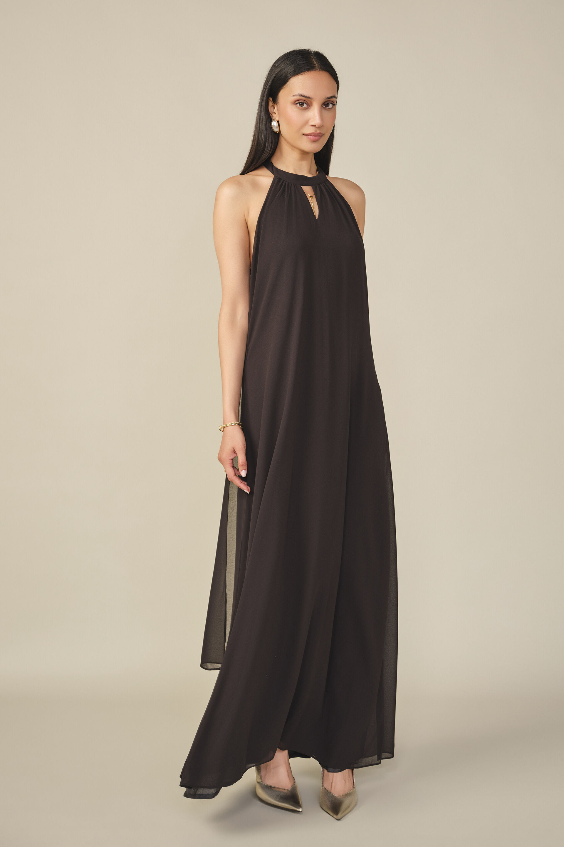 Halter Neck A-line Maxi Dress in Black, Black, image 4