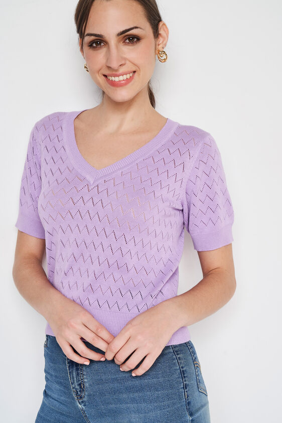 Self Design V-Neck Top, Lilac, image 3