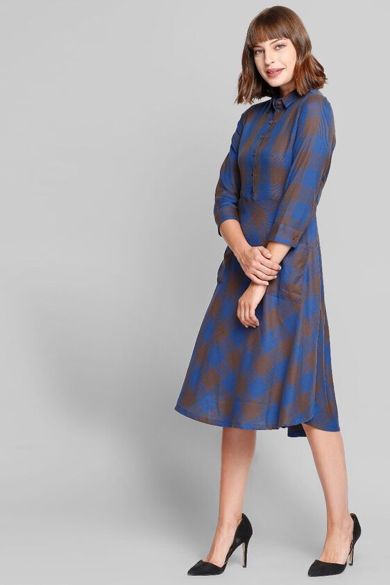 4 - Brown - Blue Checks Fit and Flare Knee Length Dress, image 4