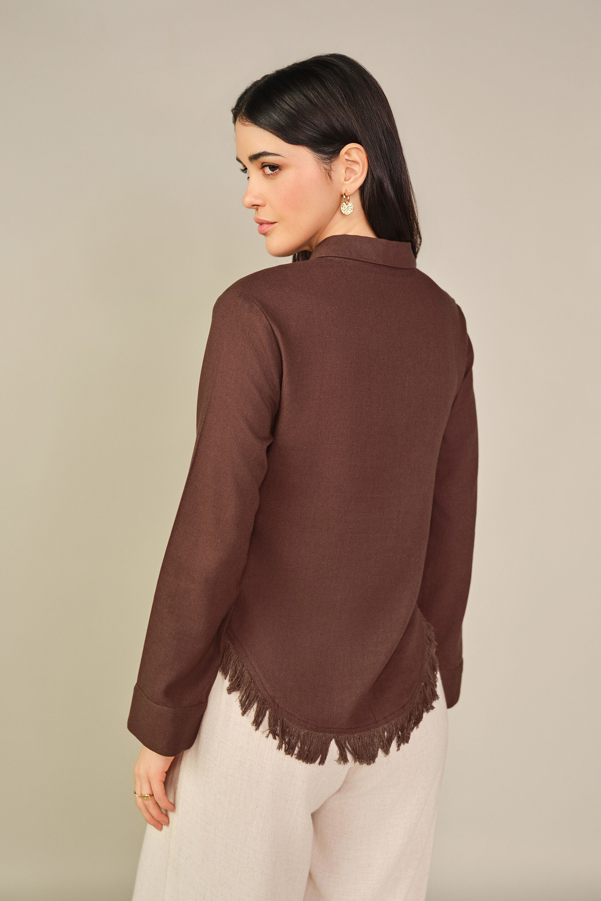 Solid Ruffle Detail Shirt in Brown, Brown, image 6