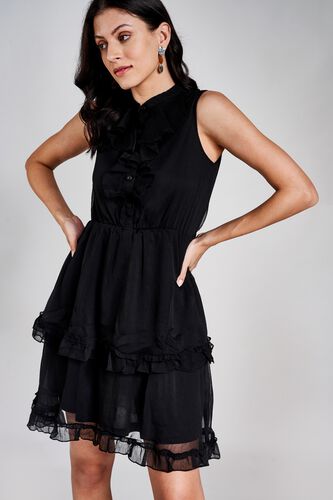 5 - Black Ruffles Band Collar Fit and Flare Short Dress, image 5